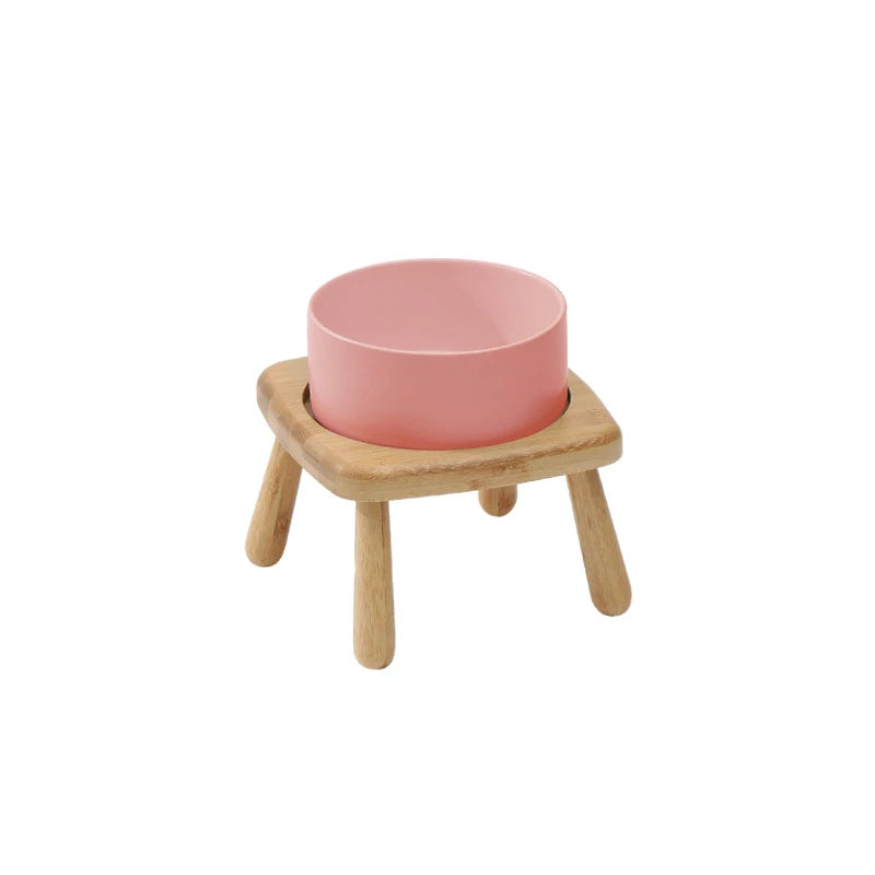 Ceramic Food / Water Bowl with Wooden Stand for Raised Feeding