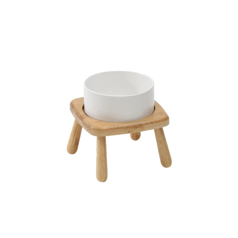 Ceramic Food / Water Bowl with Wooden Stand for Raised Feeding