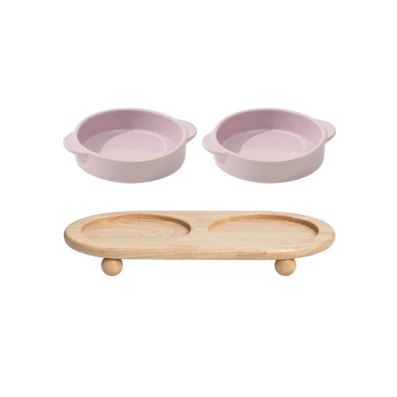 Elevated Ceramic Double Bowls Set Food / Water Feeders with Wooden Stand
