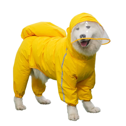 Reflective, Washable Hooded Raincoat With Removable Tail Cover for your pup.