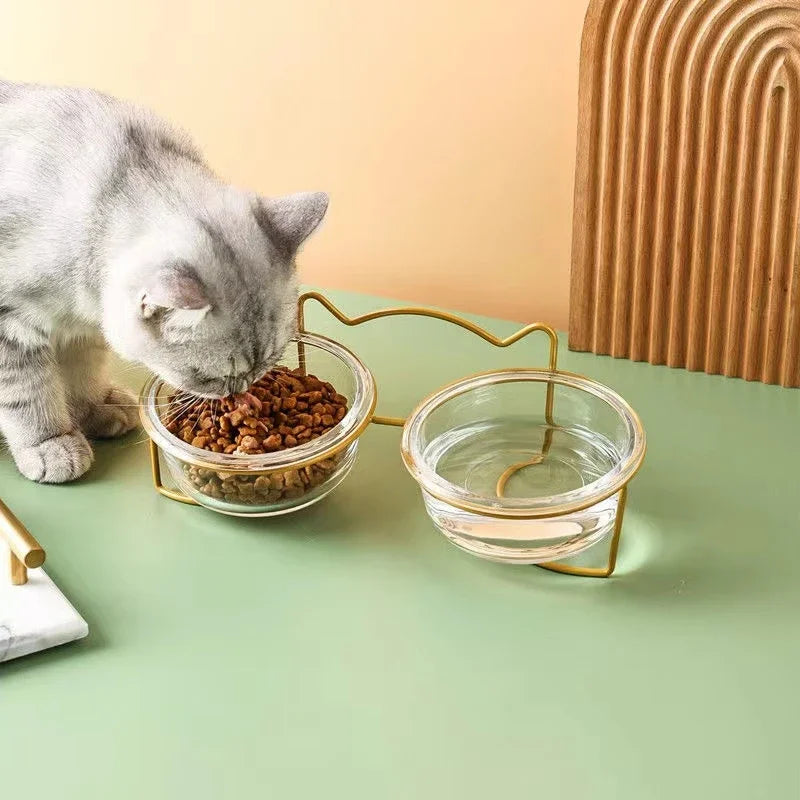 Glass Food / Water Bowl with Iron Frame/Gold Raised Stand