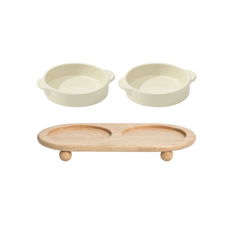 Elevated Ceramic Double Bowls Set Food / Water Feeders with Wooden Stand