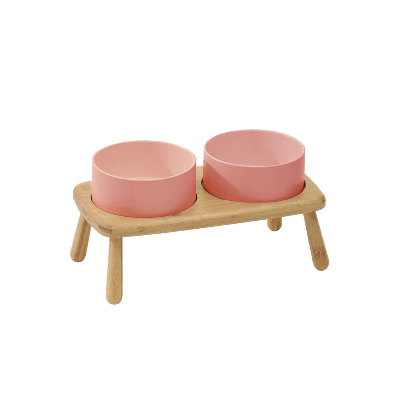 Ceramic Food / Water Bowl with Wooden Stand for Raised Feeding