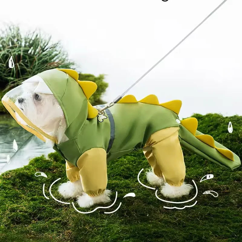 Waterproof Dinosaur Raincoat for your pup.