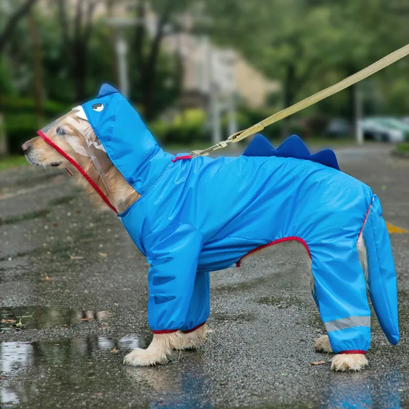 Waterproof Dinosaur Raincoat for your pup.