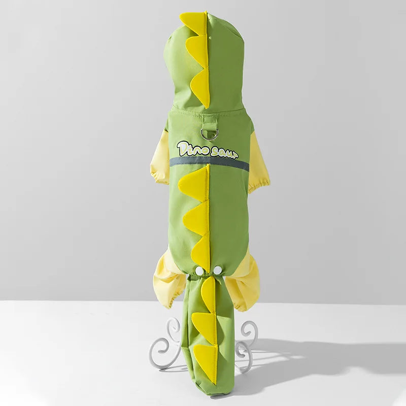 Waterproof Dinosaur Raincoat for your pup.