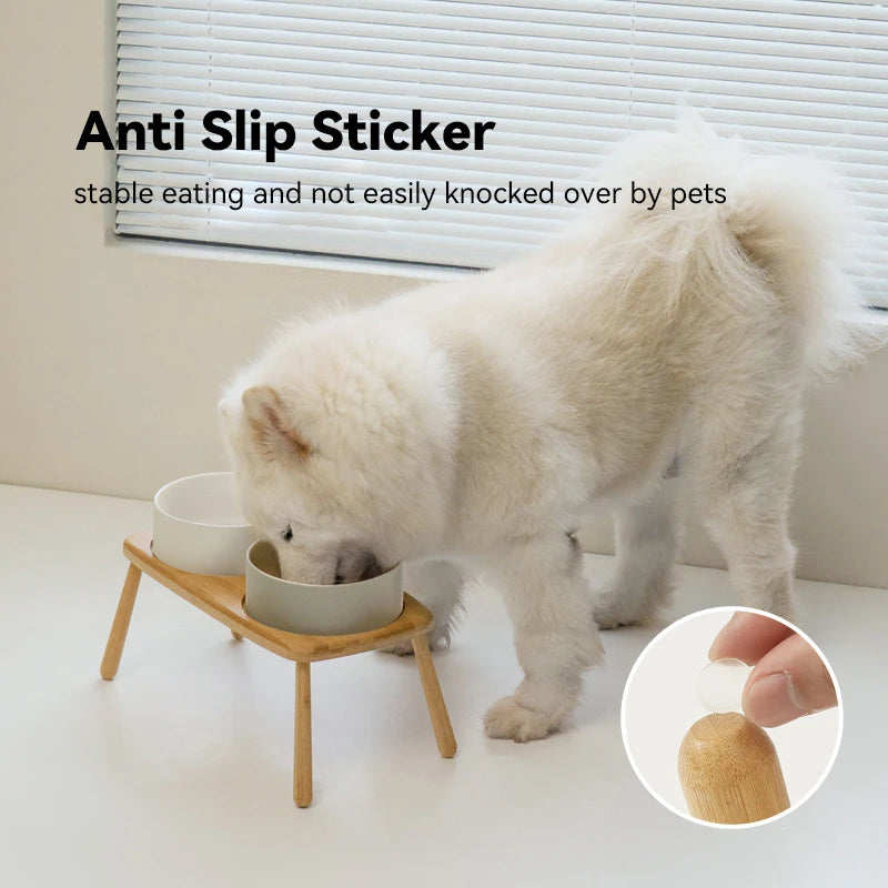 Ceramic Food / Water Bowl with Wooden Stand for Raised Feeding