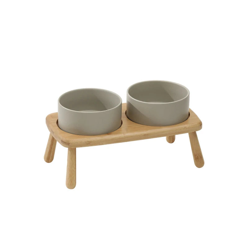Ceramic Food / Water Bowl with Wooden Stand for Raised Feeding
