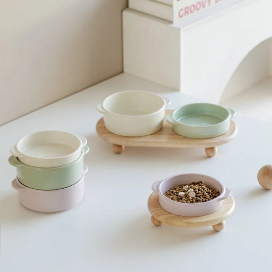 Elevated Ceramic Double Bowls Set Food / Water Feeders with Wooden Stand