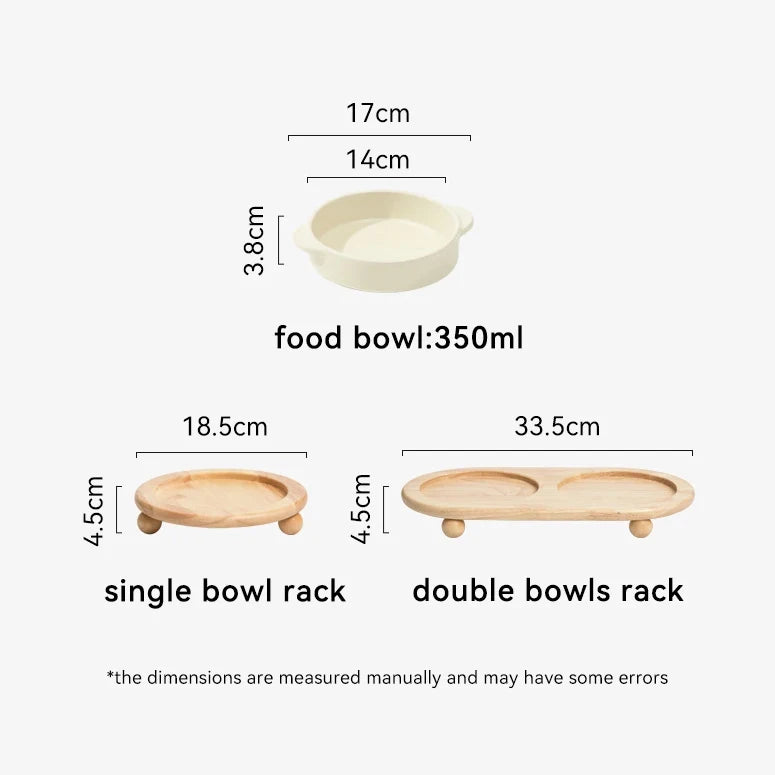 Elevated Ceramic Double Bowls Set Food / Water Feeders with Wooden Stand