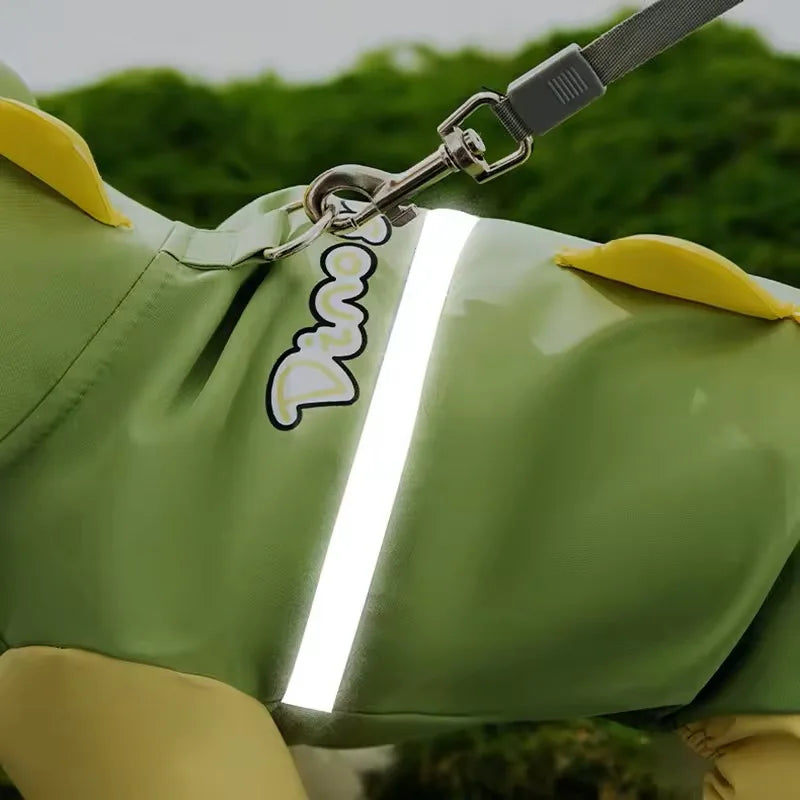 Waterproof Dinosaur Raincoat for your pup.