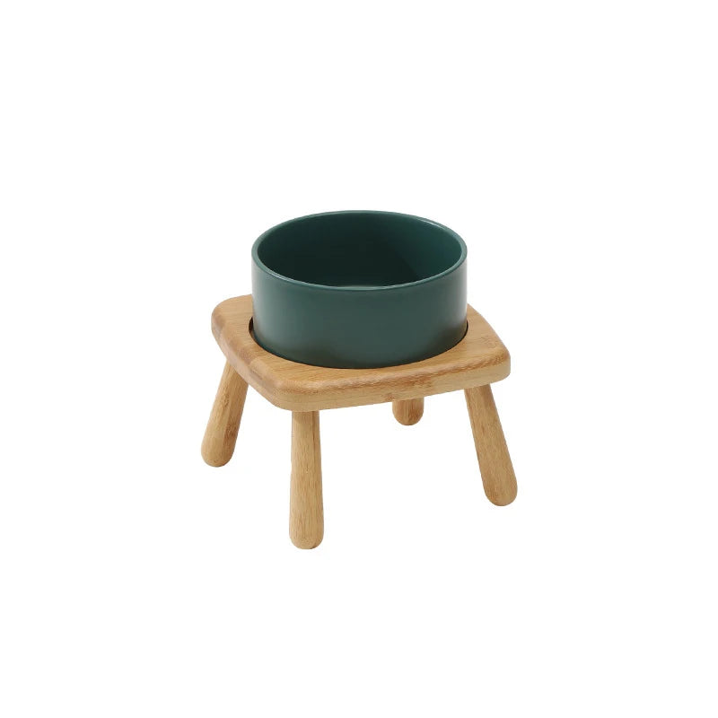 Ceramic Food / Water Bowl with Wooden Stand for Raised Feeding