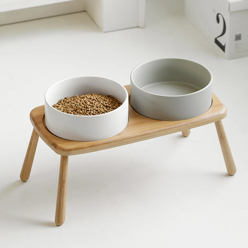Ceramic Food / Water Bowl with Wooden Stand for Raised Feeding