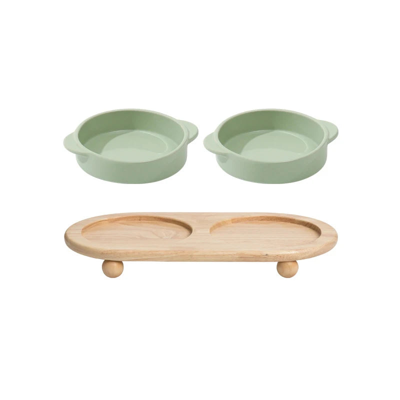 Elevated Ceramic Double Bowls Set Food / Water Feeders with Wooden Stand