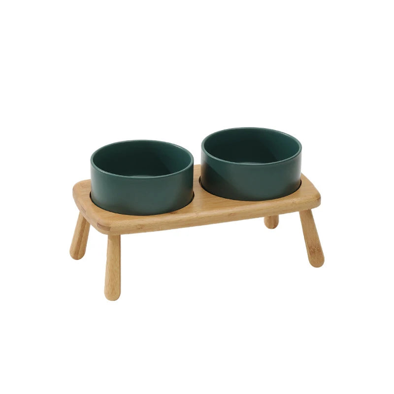 Ceramic Food / Water Bowl with Wooden Stand for Raised Feeding