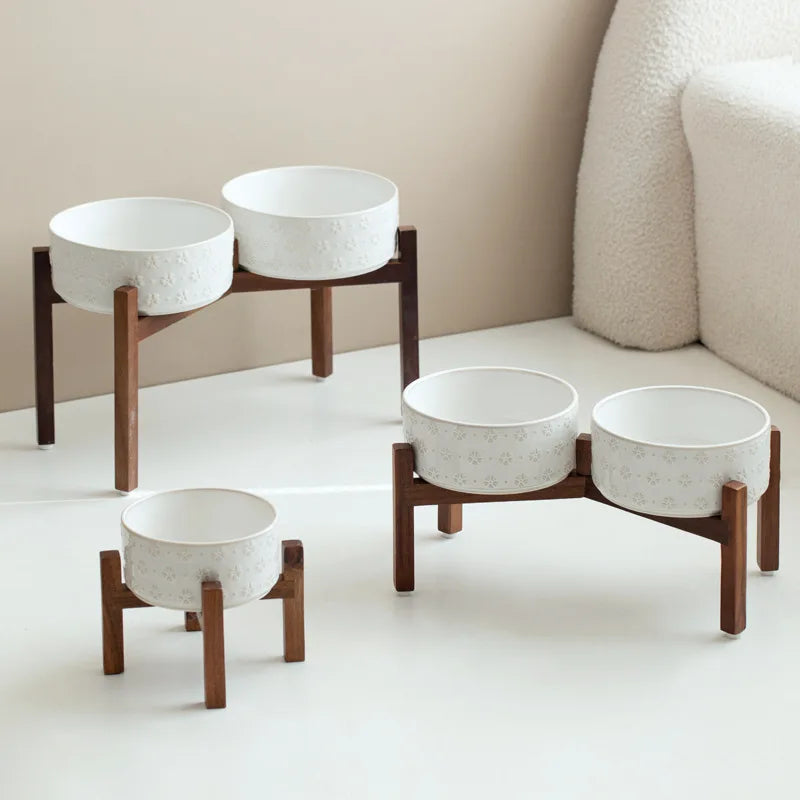 Ceramic Anti-Slip Bowl Set with Wooden Stand