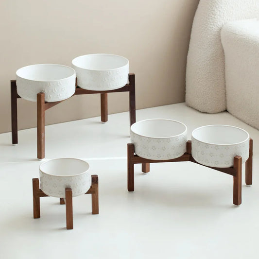 Ceramic Anti-Slip Bowl Set with Wooden Stand