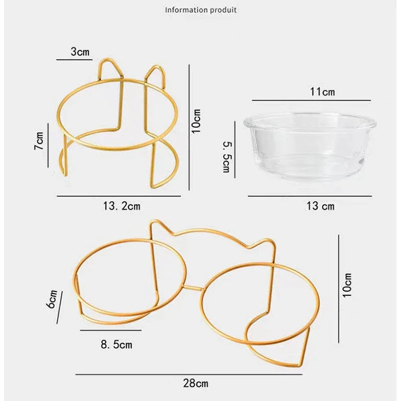Glass Food / Water Bowl with Iron Frame/Gold Raised Stand