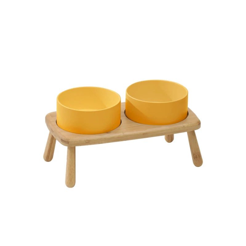 Ceramic Food / Water Bowl with Wooden Stand for Raised Feeding