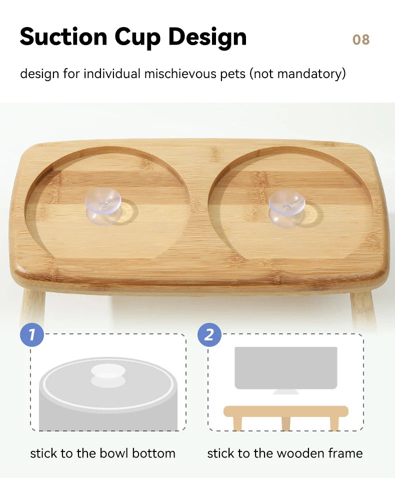 Ceramic Food / Water Bowl with Wooden Stand for Raised Feeding