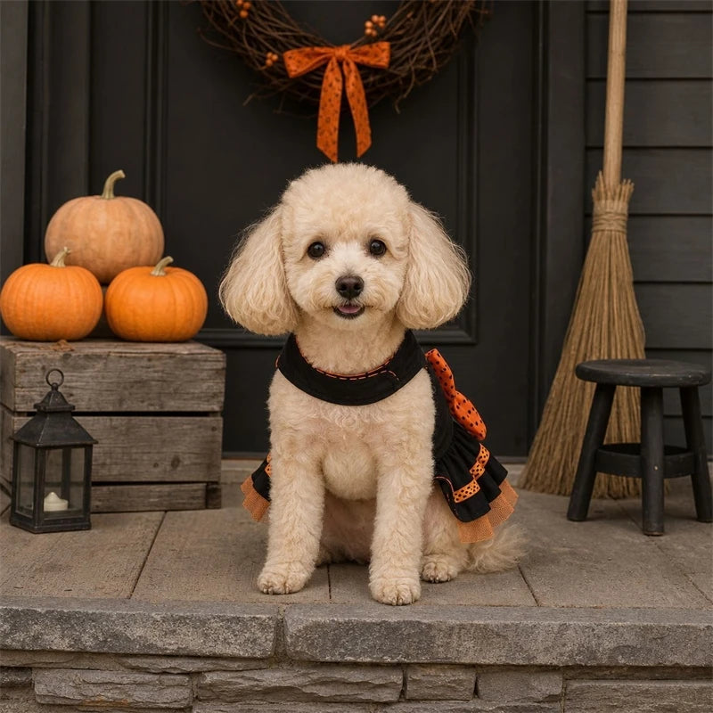 Pumpkin Print Dress Bow Mesh Skirt for your pup.