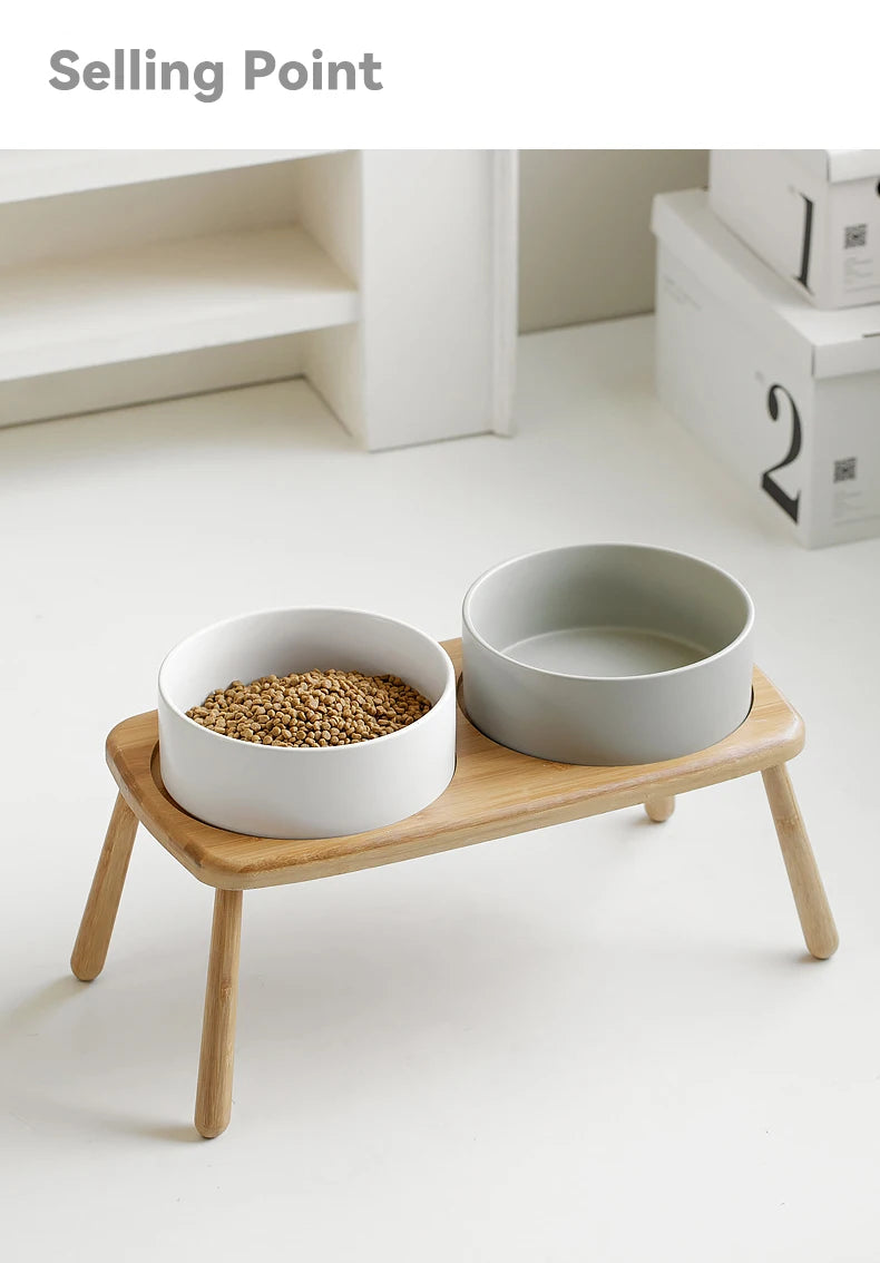 Ceramic Food / Water Bowl with Wooden Stand for Raised Feeding