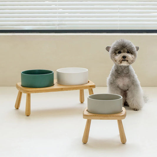 Ceramic Food / Water Bowl with Wooden Stand for Raised Feeding