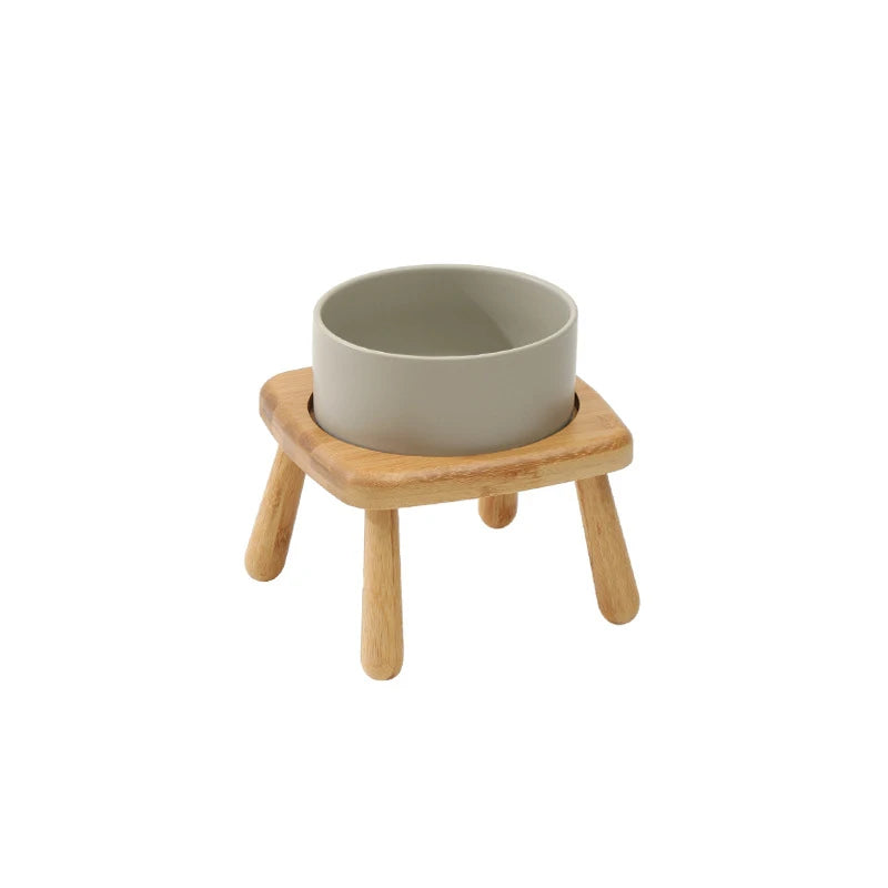 Ceramic Food / Water Bowl with Wooden Stand for Raised Feeding