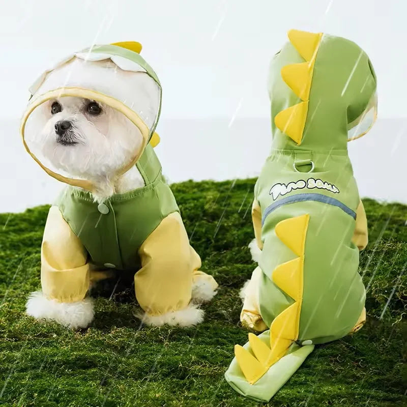 Waterproof Dinosaur Raincoat for your pup.