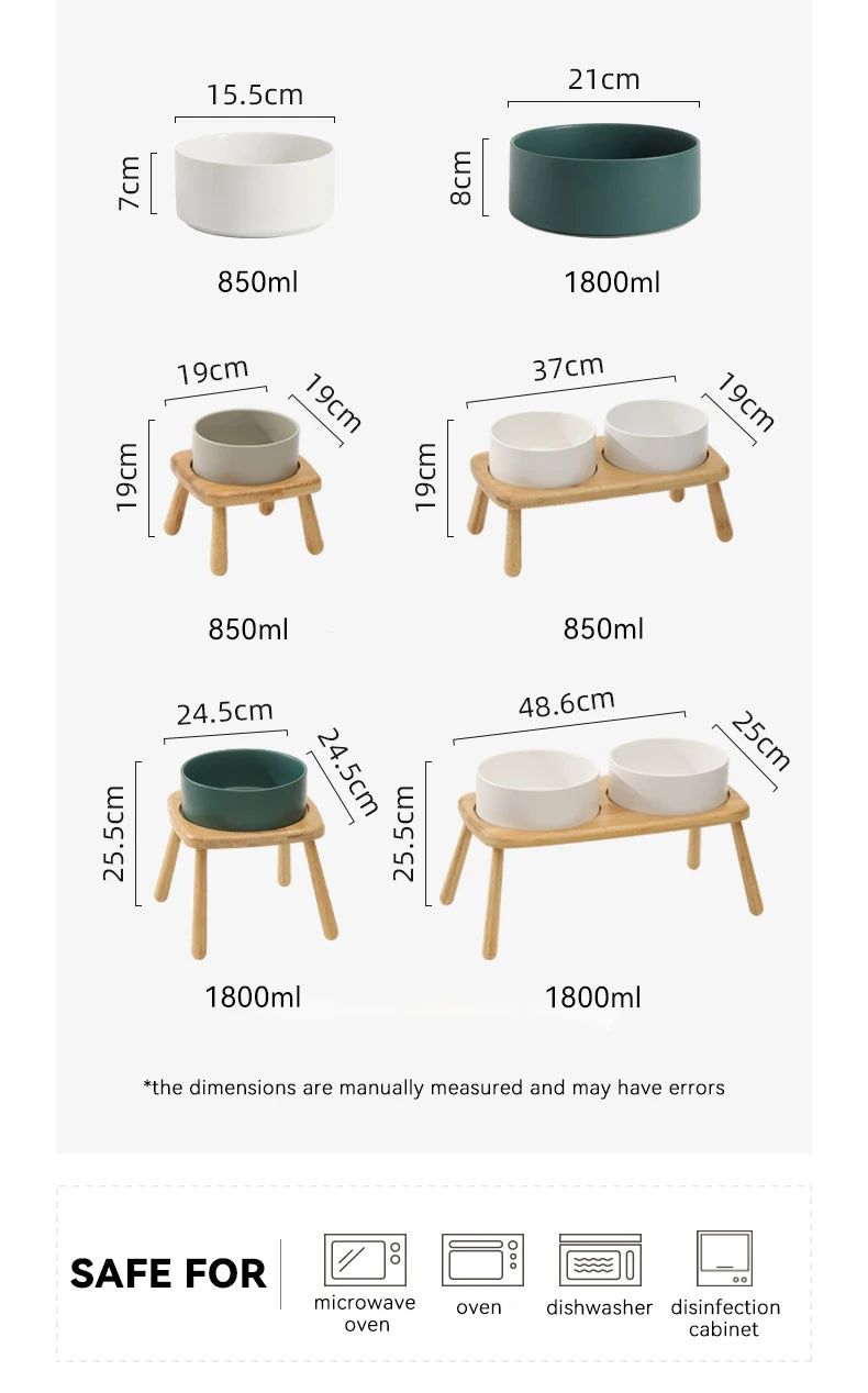 Ceramic Food / Water Bowl with Wooden Stand for Raised Feeding