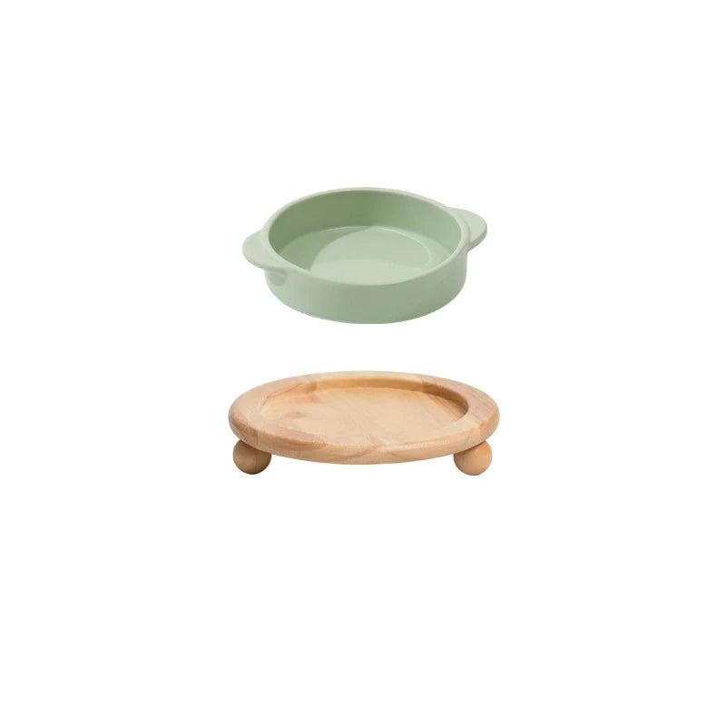 Elevated Ceramic Double Bowls Set Food / Water Feeders with Wooden Stand