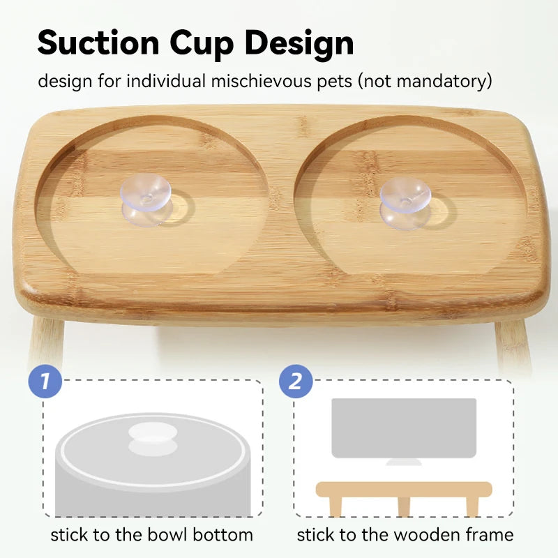 Ceramic Food / Water Bowl with Wooden Stand for Raised Feeding