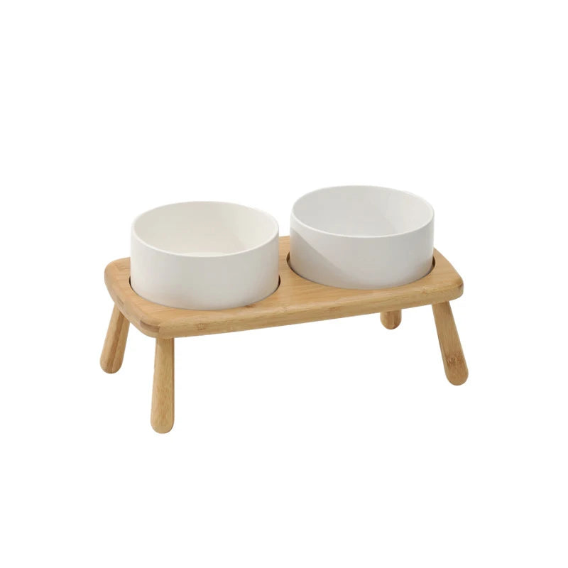 Ceramic Food / Water Bowl with Wooden Stand for Raised Feeding