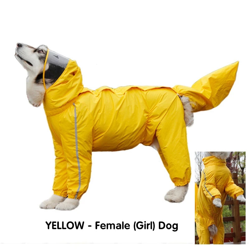 Reflective, Washable Hooded Raincoat With Removable Tail Cover for your pup.