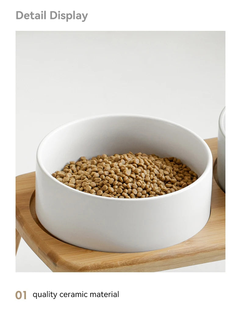Ceramic Food / Water Bowl with Wooden Stand for Raised Feeding