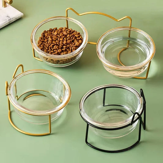 Glass Food / Water Bowl with Iron Frame/Gold Raised Stand