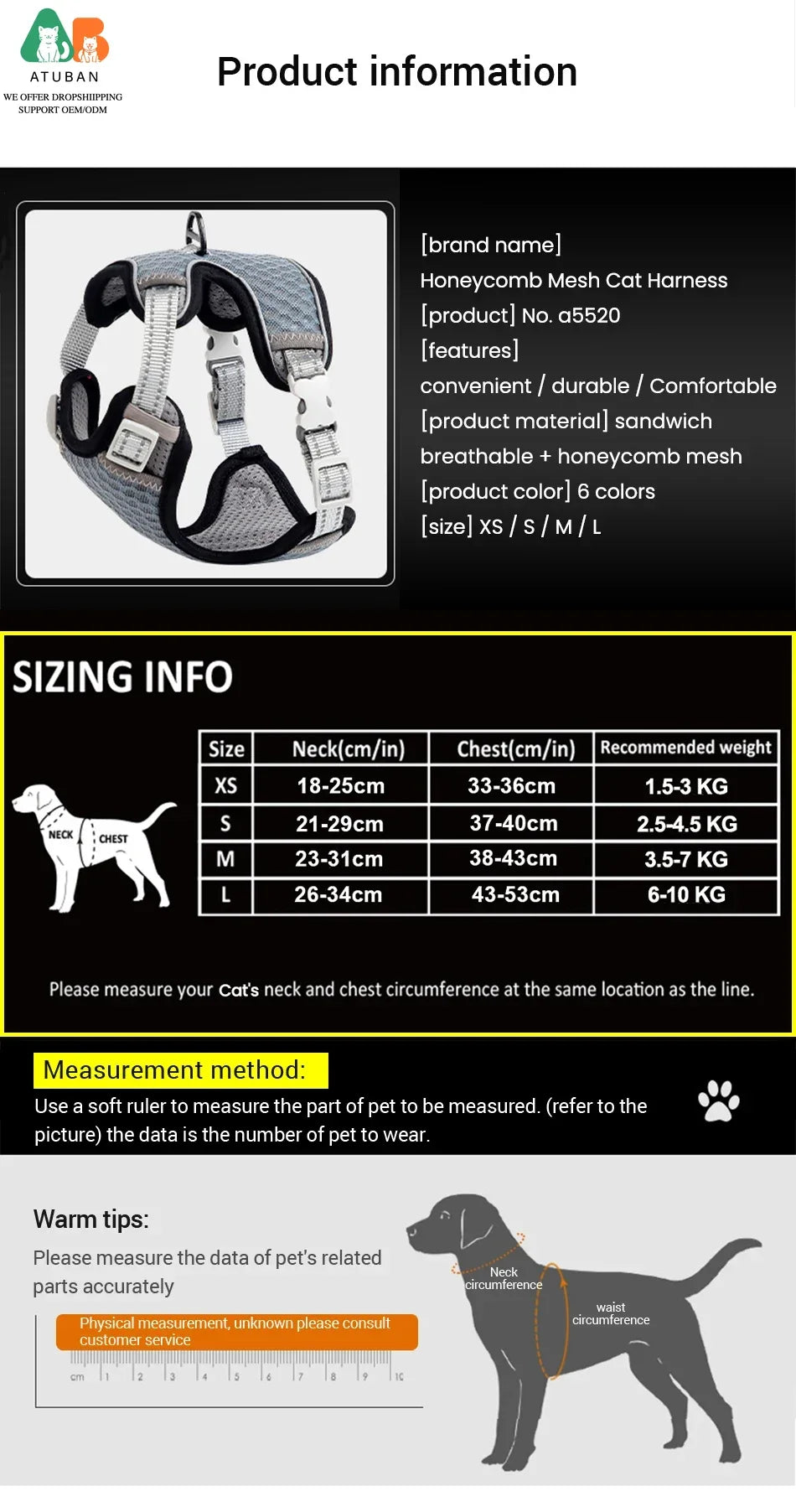 Reflective Escape Proof Cat Harness and Leash for Walking,